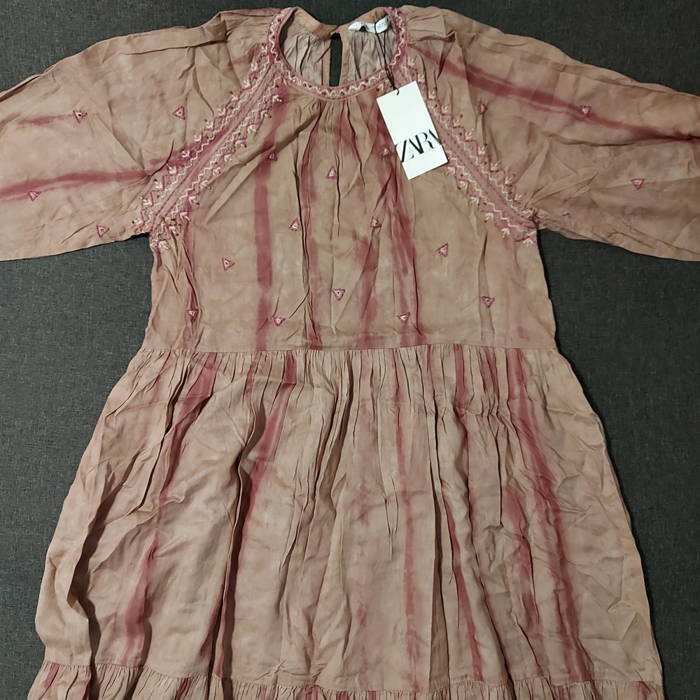 ZARA Boho Long Sleeve Midi Dress Embroidered Tie-Dye